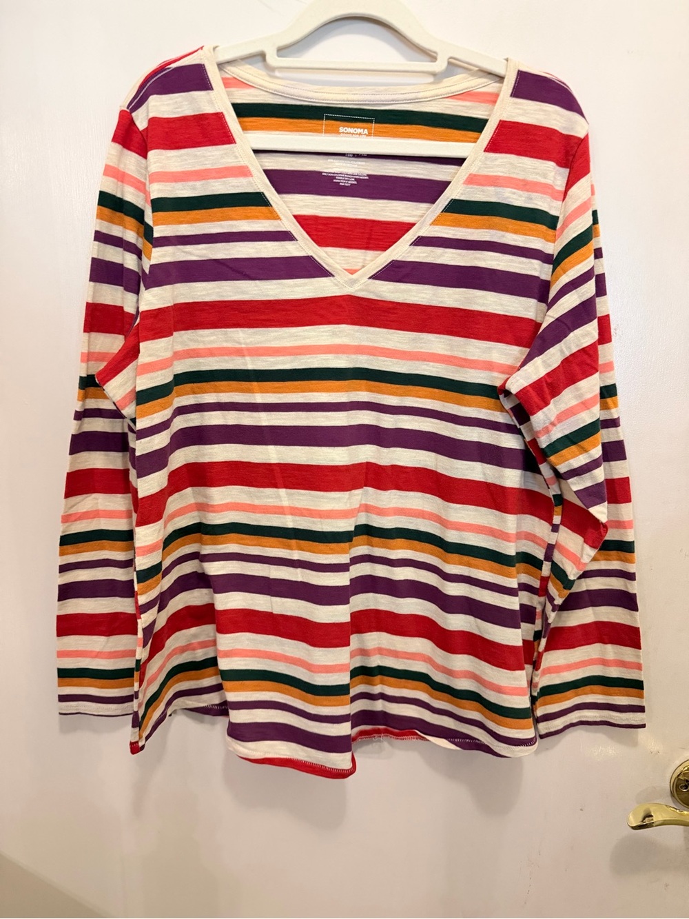 Sonoma Striped V-Neck Long Sleeve Top in Red, Purple, Green, Orange, Cream